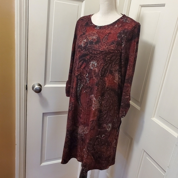 NWT Apt. 9 Paisley Print Ribbed Knit Long Sleeve Swing Dress Ret. $50 - Picture 2 of 10